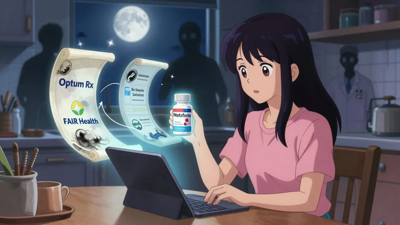 A woman using a tablet to compare drug prices with ethereal, scroll-like interfaces glowing beside her.