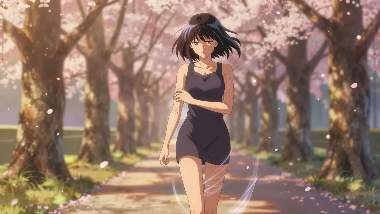 A woman walking at dusk with faint glowing veins and regrowing hair, representing recovery through movement.