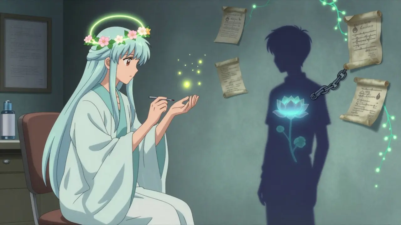 An allergist performing a test as glowing spores float around, symbolizing liberation from false drug allergy labels.