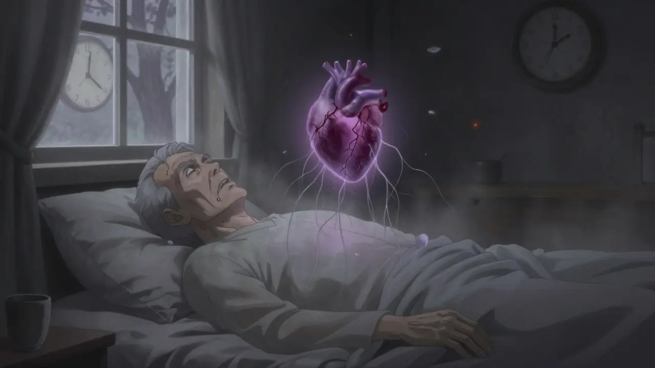 An elderly man lies in bed as his heart fades into mist, with a clock frozen at 3 a.m. in the background.