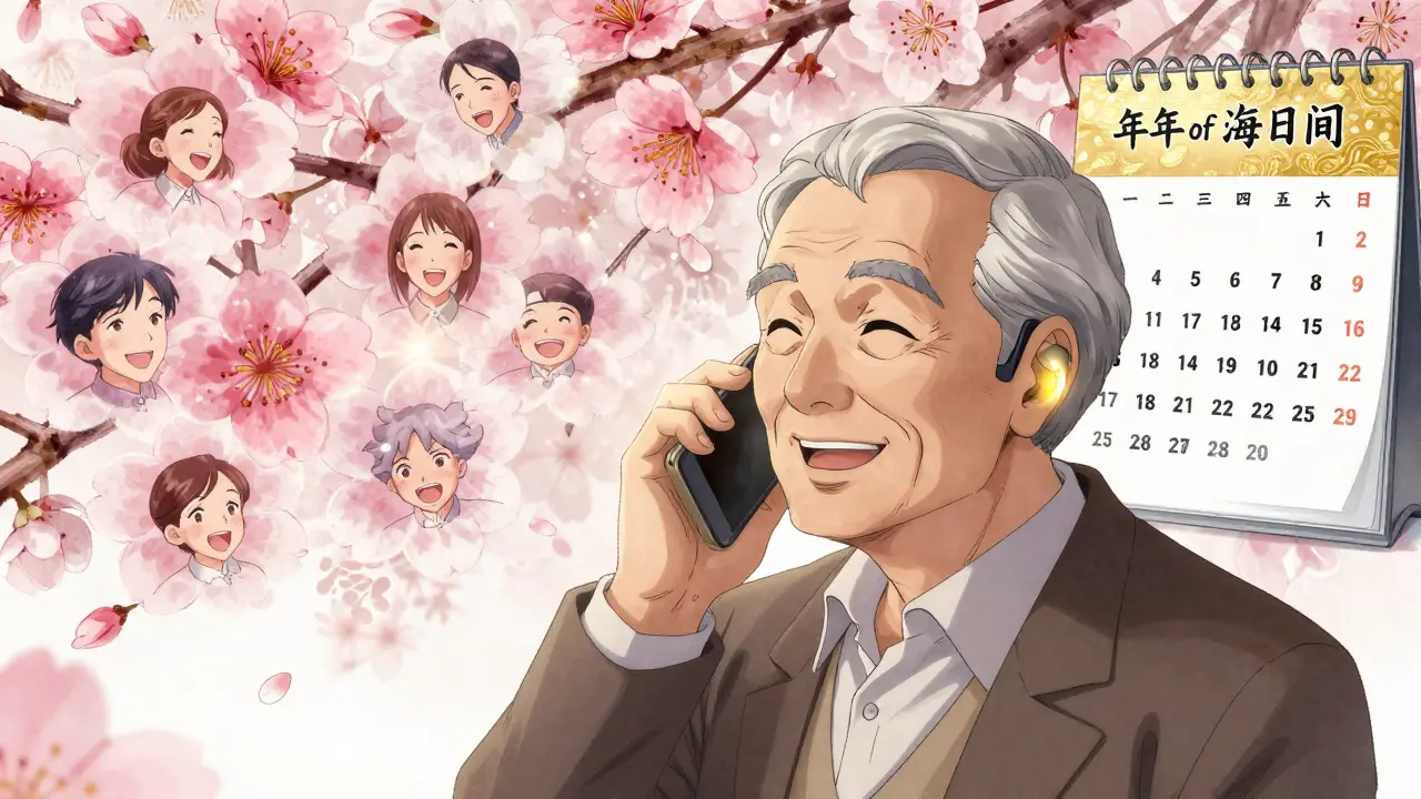 An elderly man talks on the phone as sound waves bloom like cherry blossoms, with family faces within the petals in a dreamlike anime scene.