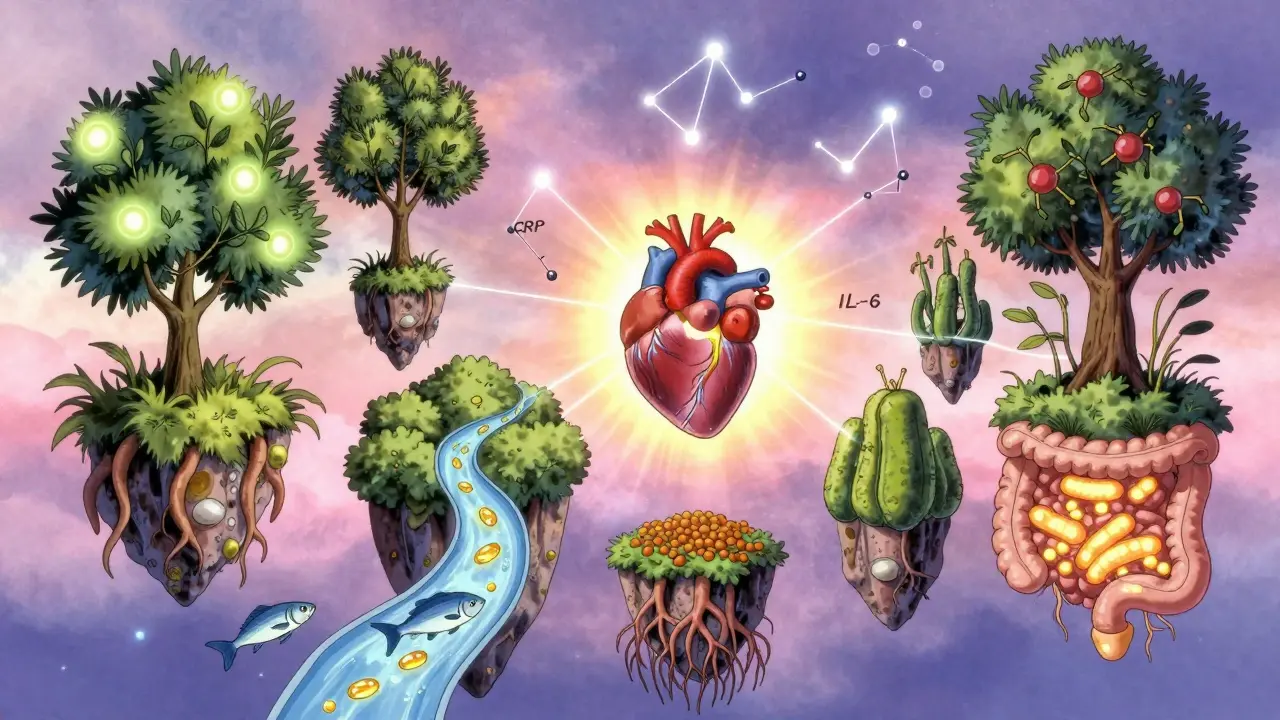 Cosmic garden of food plants connected to a heart by glowing threads, symbolizing gut-immune harmony.