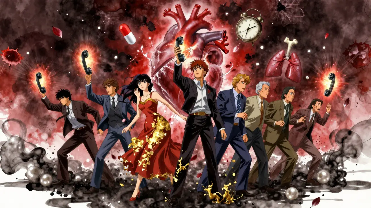 Diverse figures reach for a glowing 911 phone as a fractured heart pulses with symbolic warnings around them.