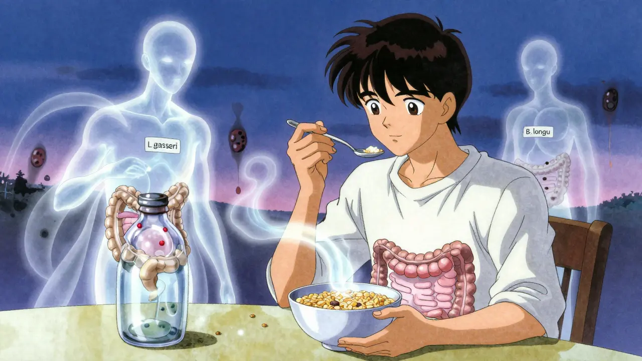 Ethereal probiotic spirits entering a person's abdomen to heal the gut lining, with light threads and dissolving toxins.