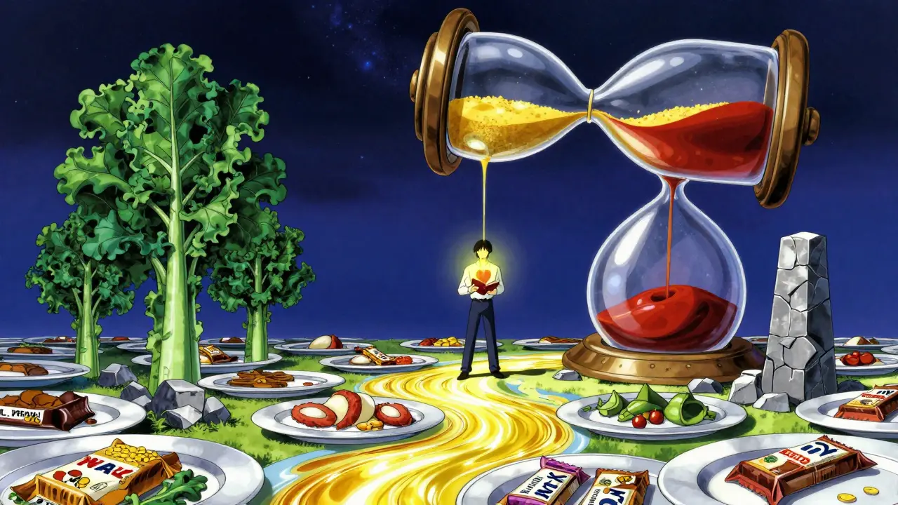 Figure standing on a meal-plate landscape with symbolic vitamin K foods and a steadying hourglass.