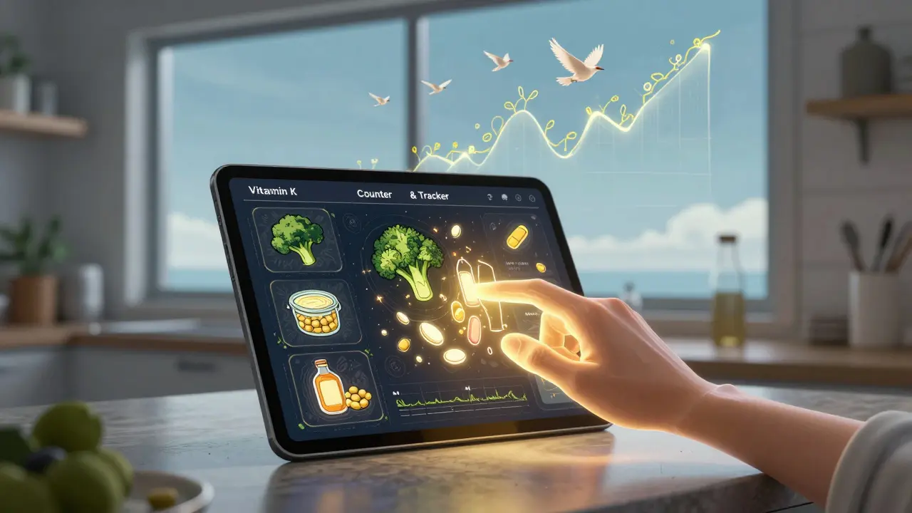 Floating digital app interface showing vitamin K foods and a living INR graph shaped like birds.