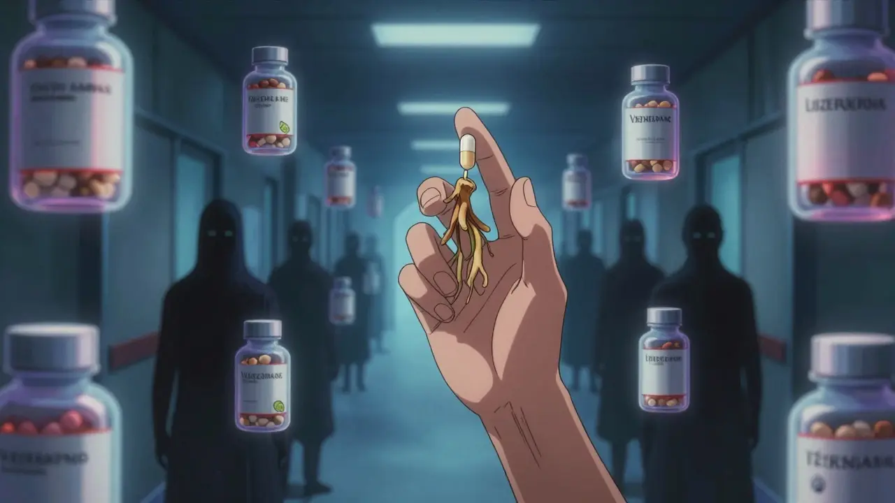 Floating herbal and pharmaceutical bottles emit conflicting auras as a hand reaches for both valerian and prescription pills.