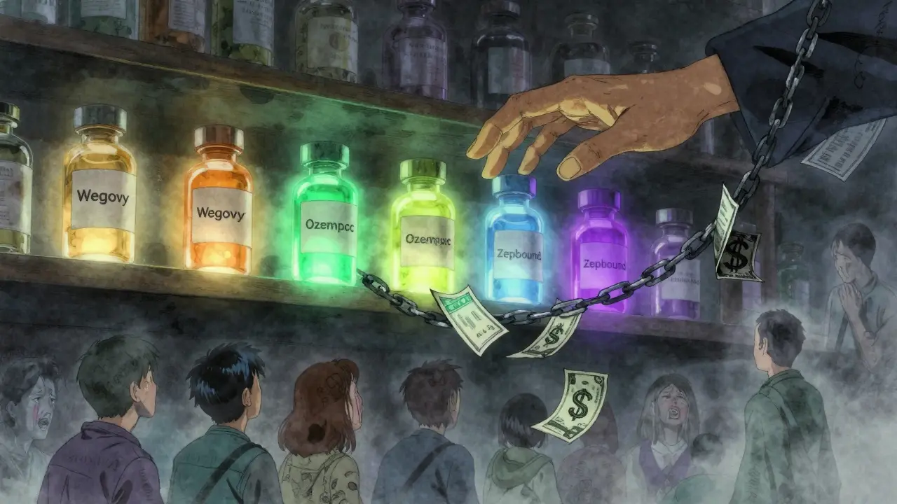 Floating medication vials with auroras, chained by dollar signs and insurance stamps, surrounded by waiting figures.