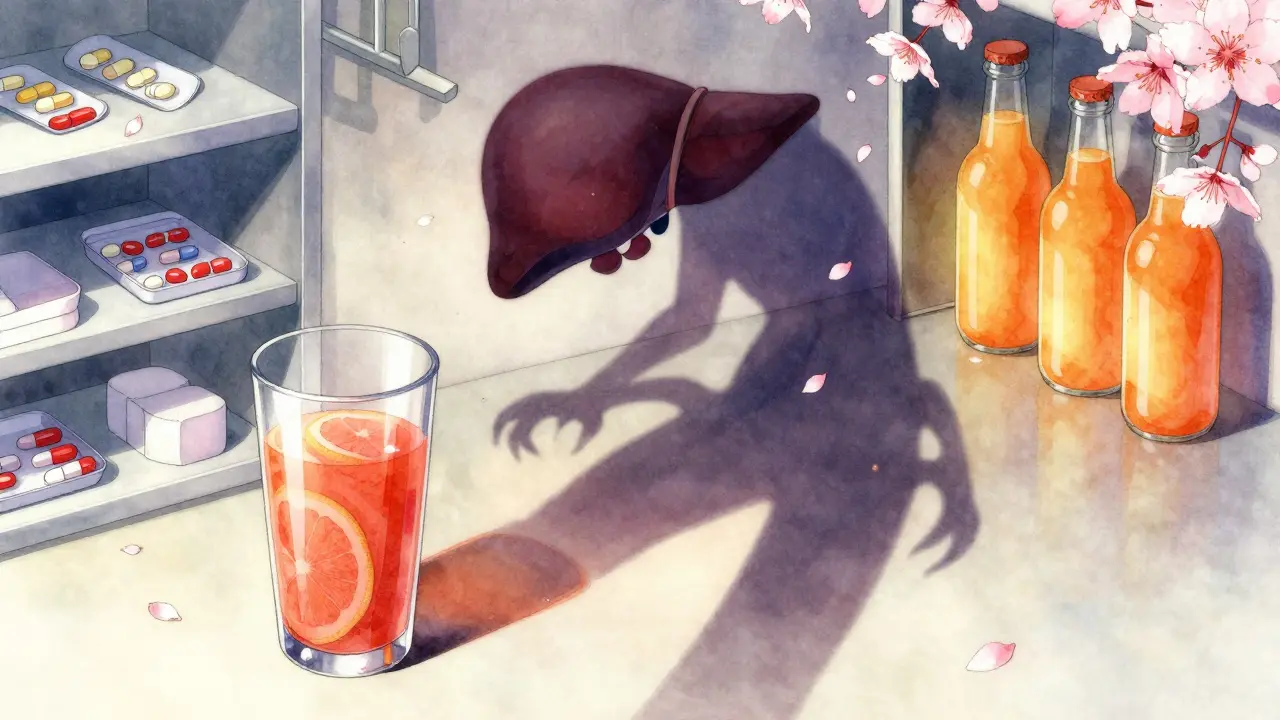 Grapefruit juice casting a claw-shaped shadow over a liver while orange juice glows safely nearby.