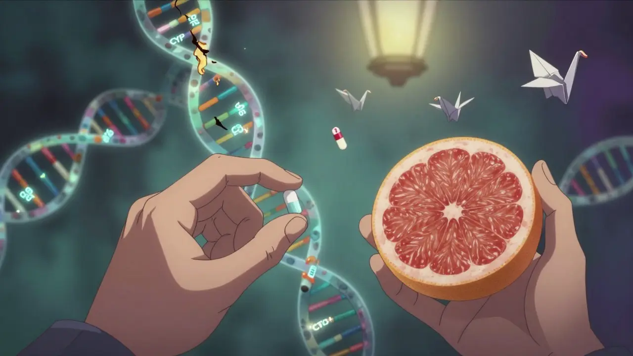Hands holding warfarin and grapefruit with glowing genetic helixes cracking and bleeding golden fluid.