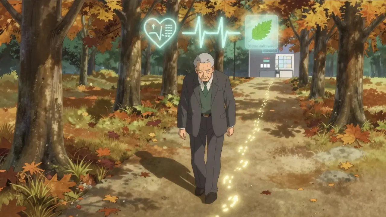 Old man walking in autumn park, his flickering tremor contrasted with a steady shadow and glowing footsteps.