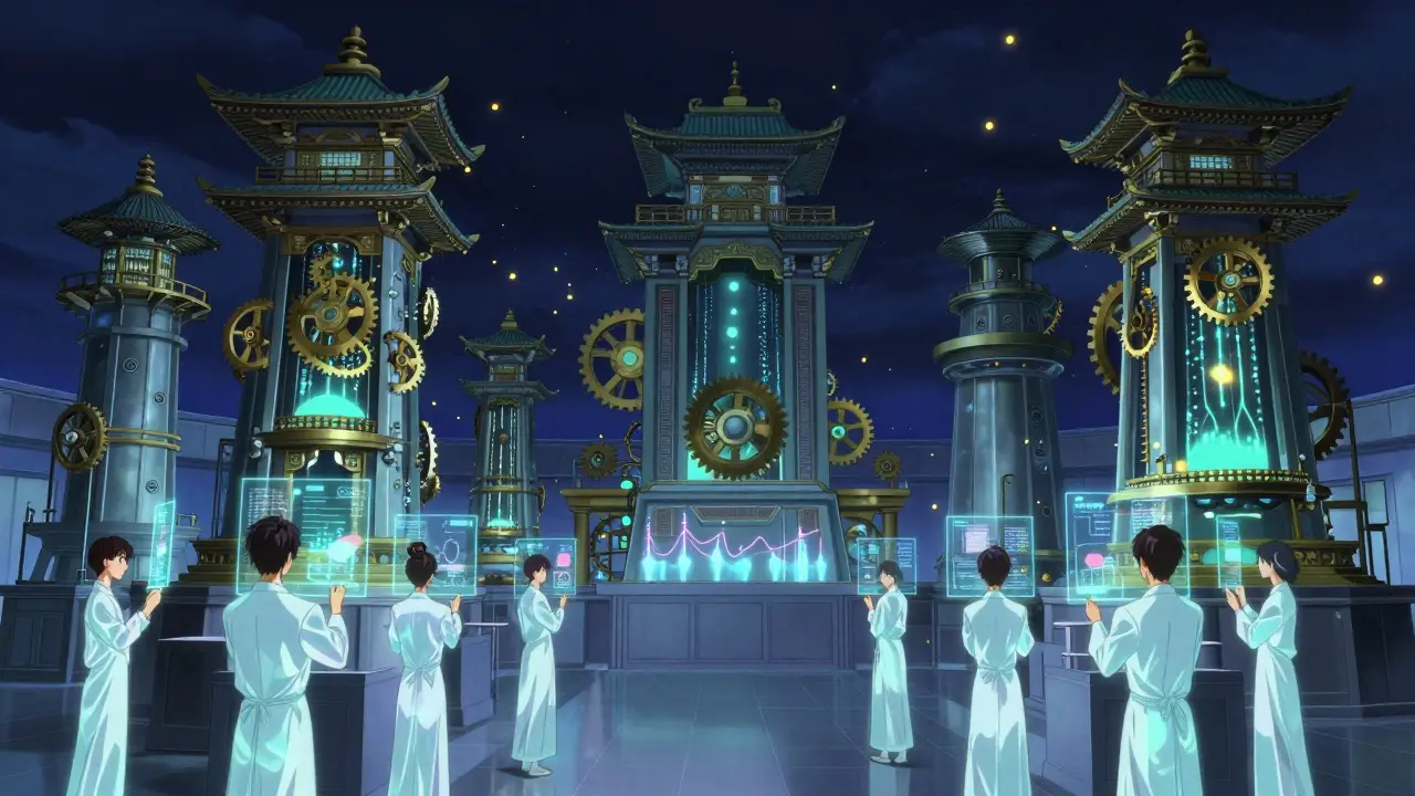 Ornate tablet machines in a moonlit cleanroom, with serene workers monitoring holograms.