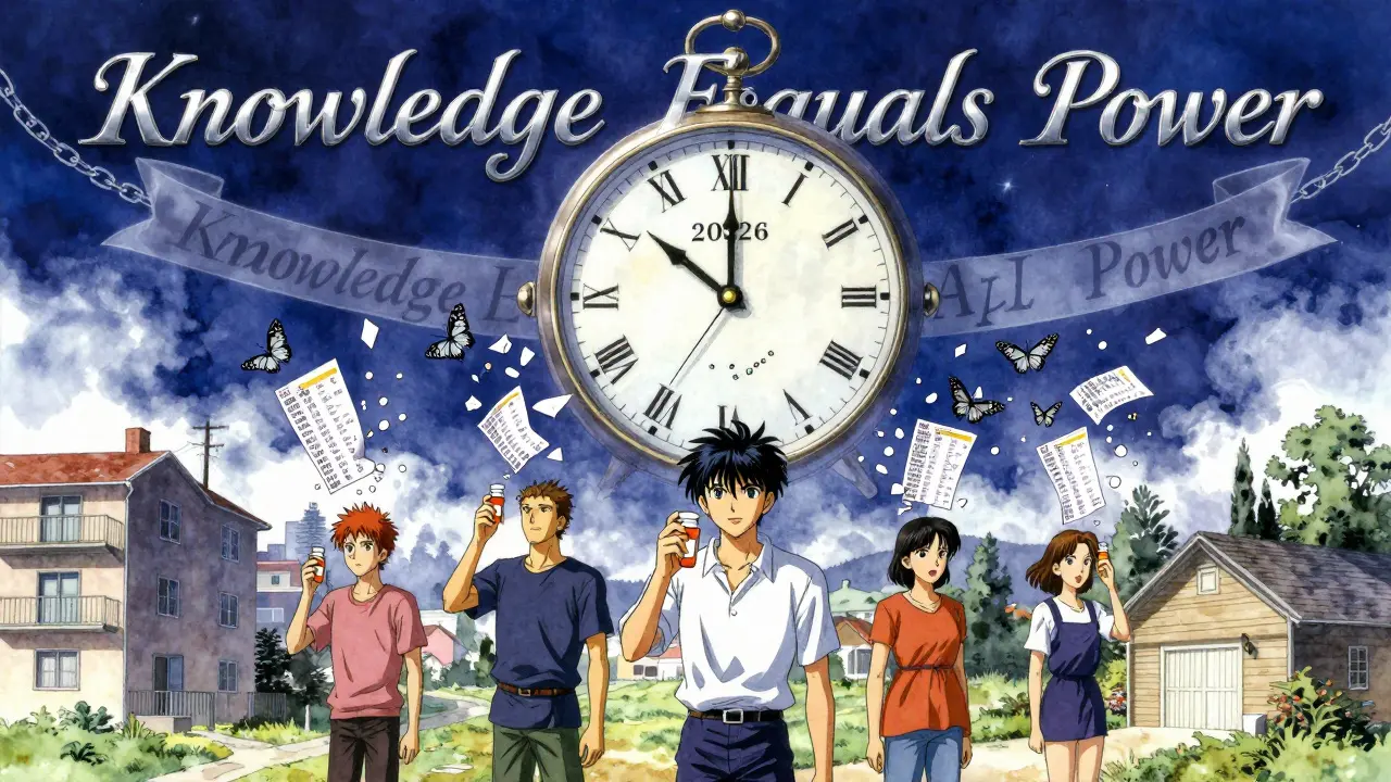 Patients transforming into butterflies carrying price comparisons, with a futuristic clock in the background.