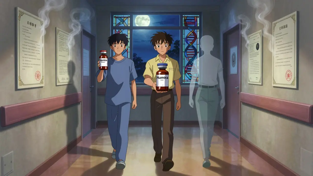 Three patients walk down a twilight hospital corridor, their shadows transforming into biosimilar forms amid dissolving patent documents.