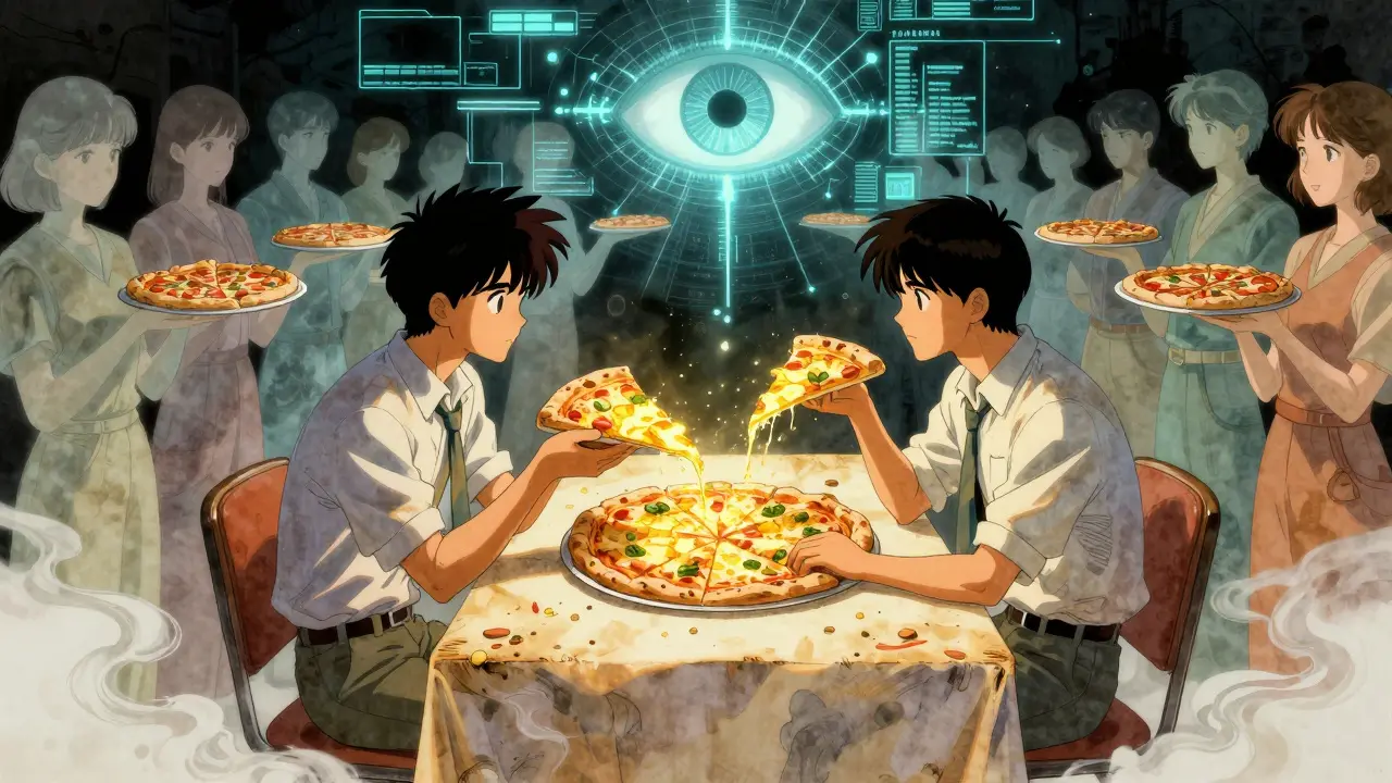 Two people stare at the same pizza, their perceptions warping reality as crowds believe their view is universal.