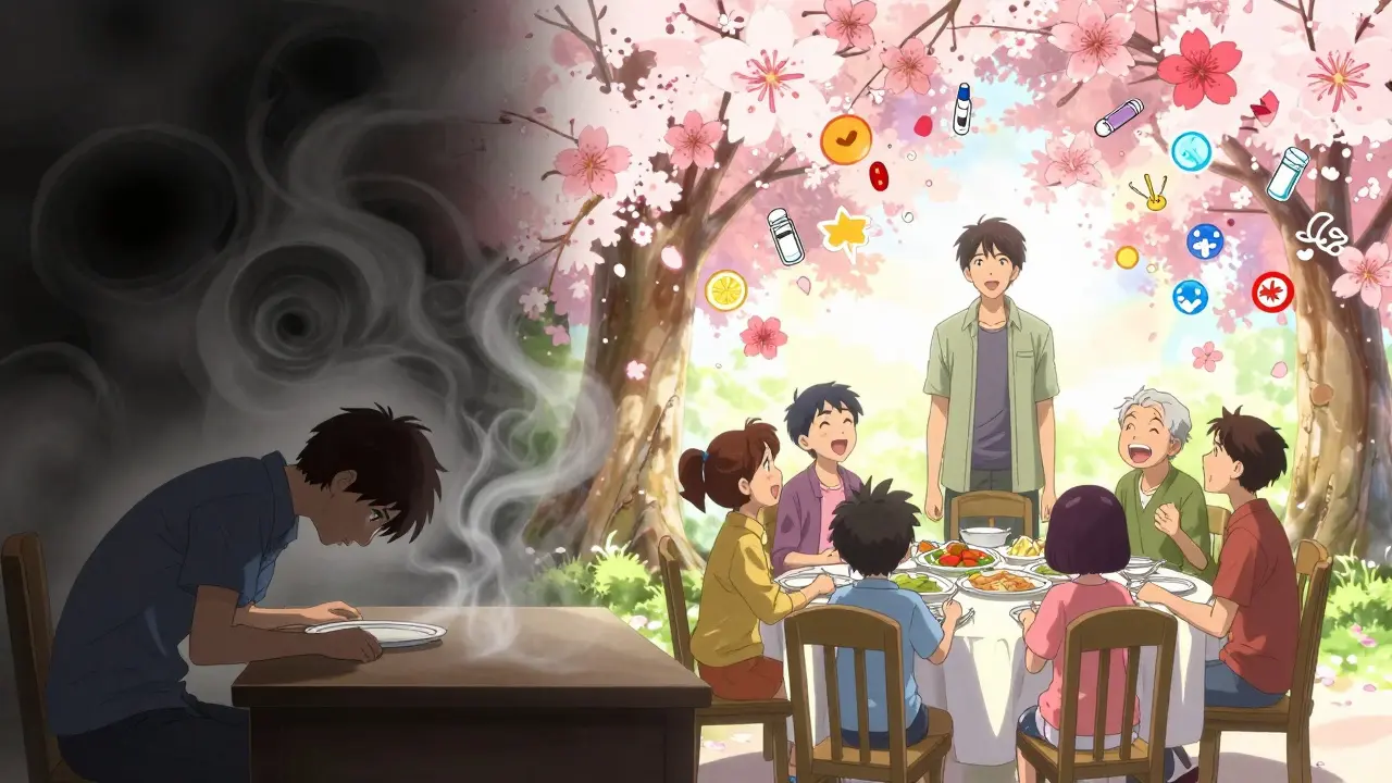 Two versions of a person: one surrounded by food shadows, another dining happily with family amid blooming health symbols.