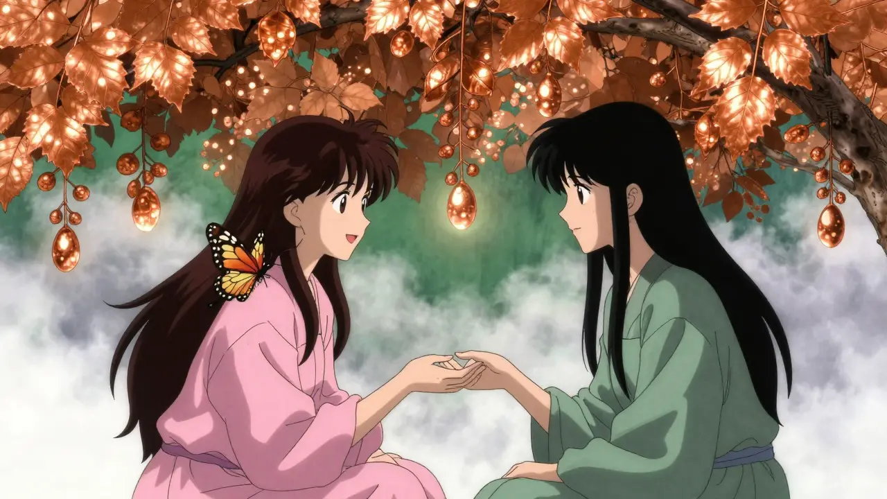 Two women under a canopy of copper IUD leaves and bupropion flowers, one touching her partner’s hand with renewed connection.