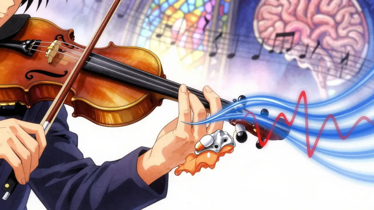 Violinist's hand stabilized by silver energy from a pill, tremor waves dissolving into musical harmonics.