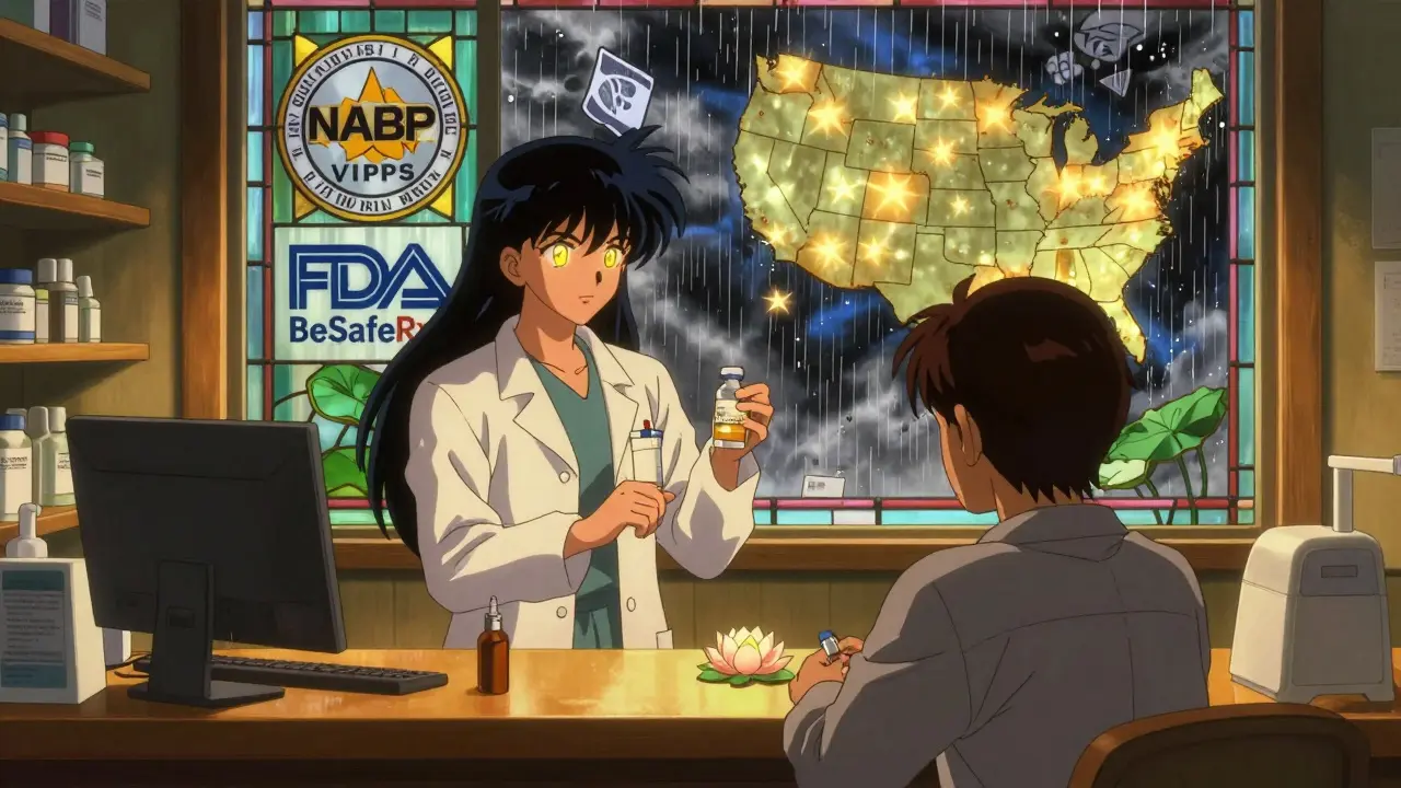 A calm pharmacist hands medicine to a patient in a serene, luminous pharmacy with sacred symbols of trust and safety in the background.