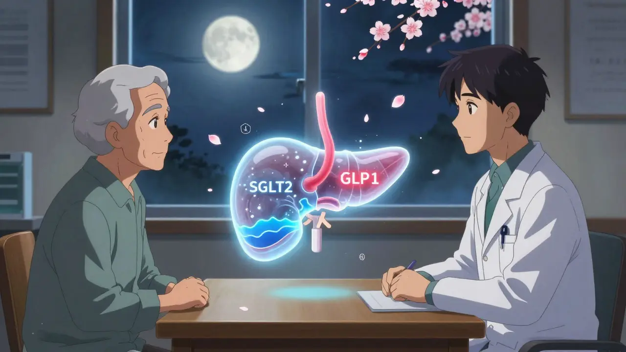 A doctor and patient at a wooden table with a floating pancreas showing two paths—one calm blue, one sparking red—while cherry blossoms drift around them in Yoshitaka Amano style.