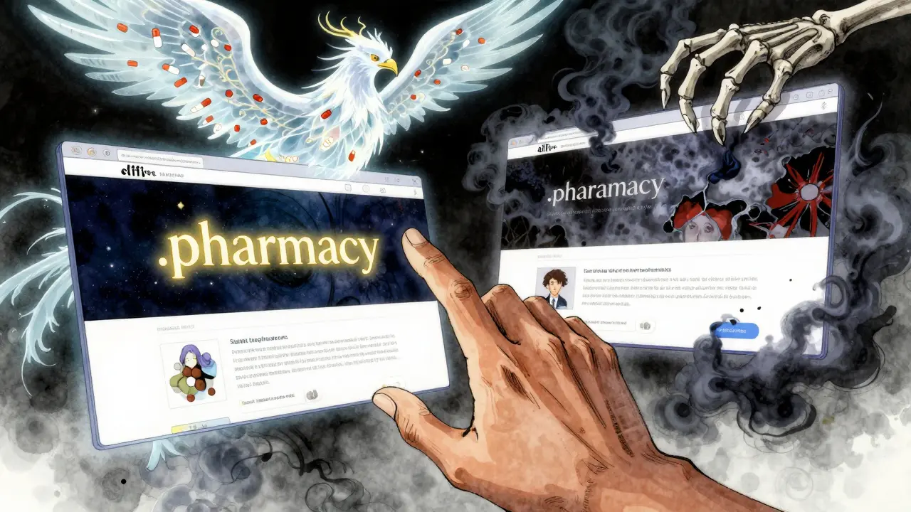A hand hovers over two digital pharmacy sites—one authentic with golden glow, the other corrupted by dark smoke and false reviews.