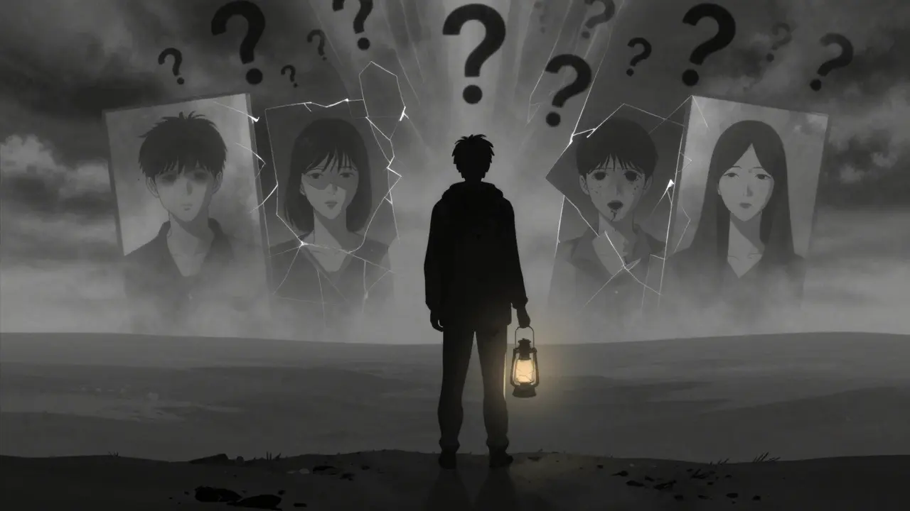 A lone figure holding an unlit lantern, facing fractured reflections of their damaged selves in a desolate landscape.