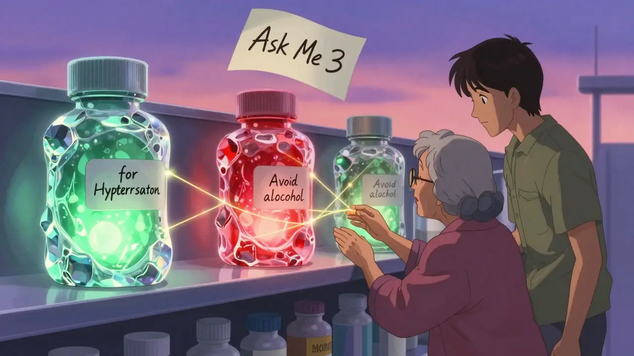 A magical pharmacy shelf with glowing medicine bottles and a floating note saying 'Ask Me 3,' as two people reach for their pills.