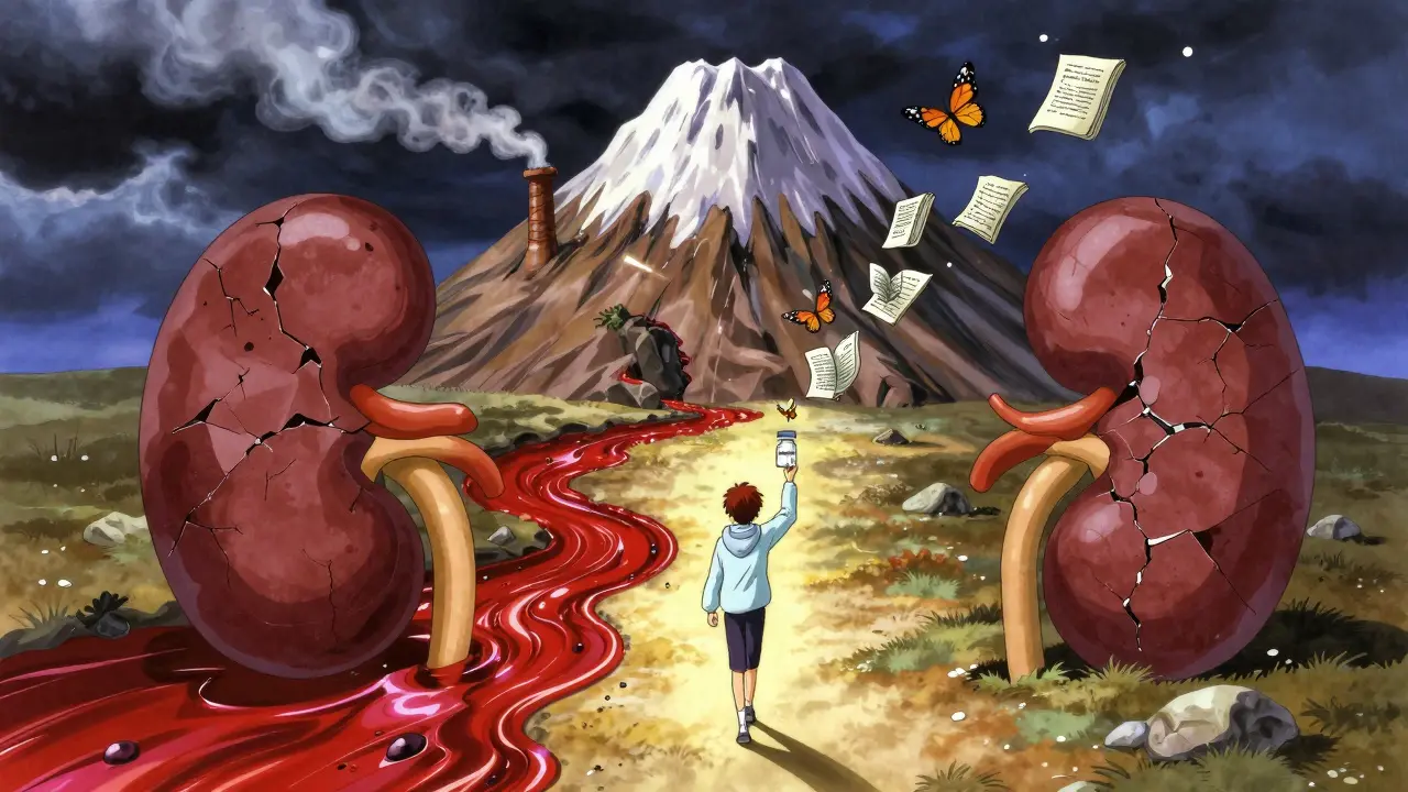 A mountain-shaped torso with smoking chimneys and crimson river, while a lone figure walks safely on a light path holding metformin, surrounded by journal butterflies in Yoshitaka Amano style.