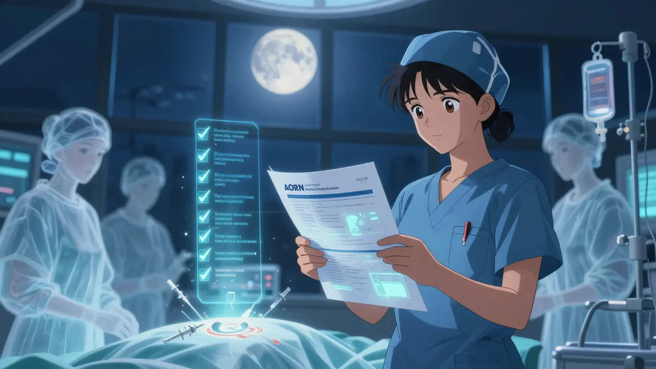 A nurse in an operating room holding a glowing medication safety guideline, with ghostly errors fading into light.