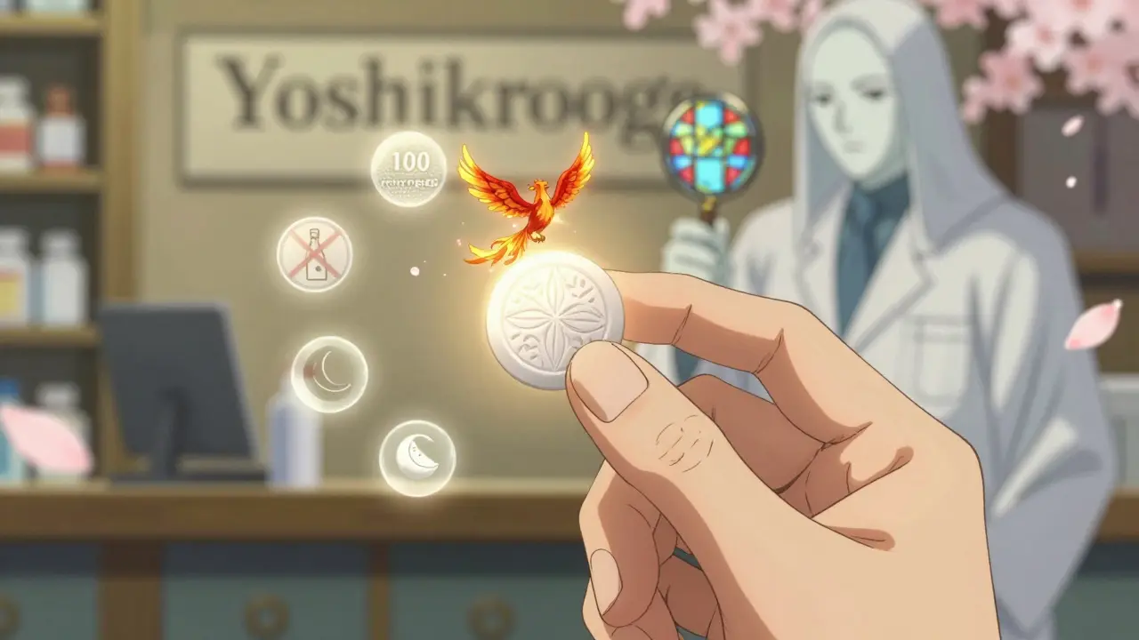 A patient holds a pill with glowing warnings and symbols around it, as a phantom pharmacist offers a stained-glass magnifying glass.