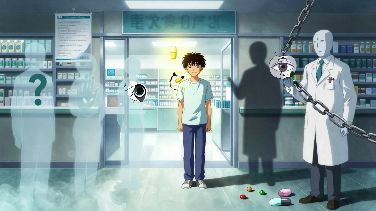 A patient pauses at the pharmacy door as a cracked pill reveals a hidden error, surrounded by glowing symbols of safety checks.