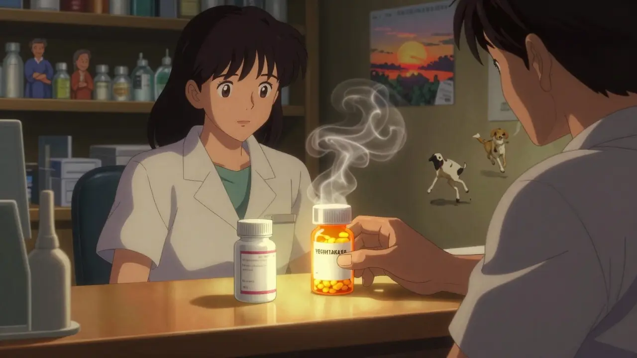 A patient reaches for a glowing branded pill at a pharmacy counter, while a plain generic pill rests in shadow beside it.