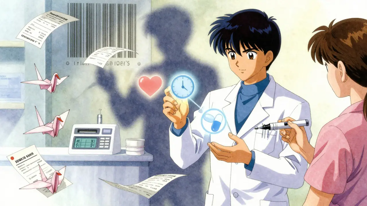 A pharmacy technician and pharmacist guide a patient through medication use, surrounded by floating symbolic icons of safe dosing.