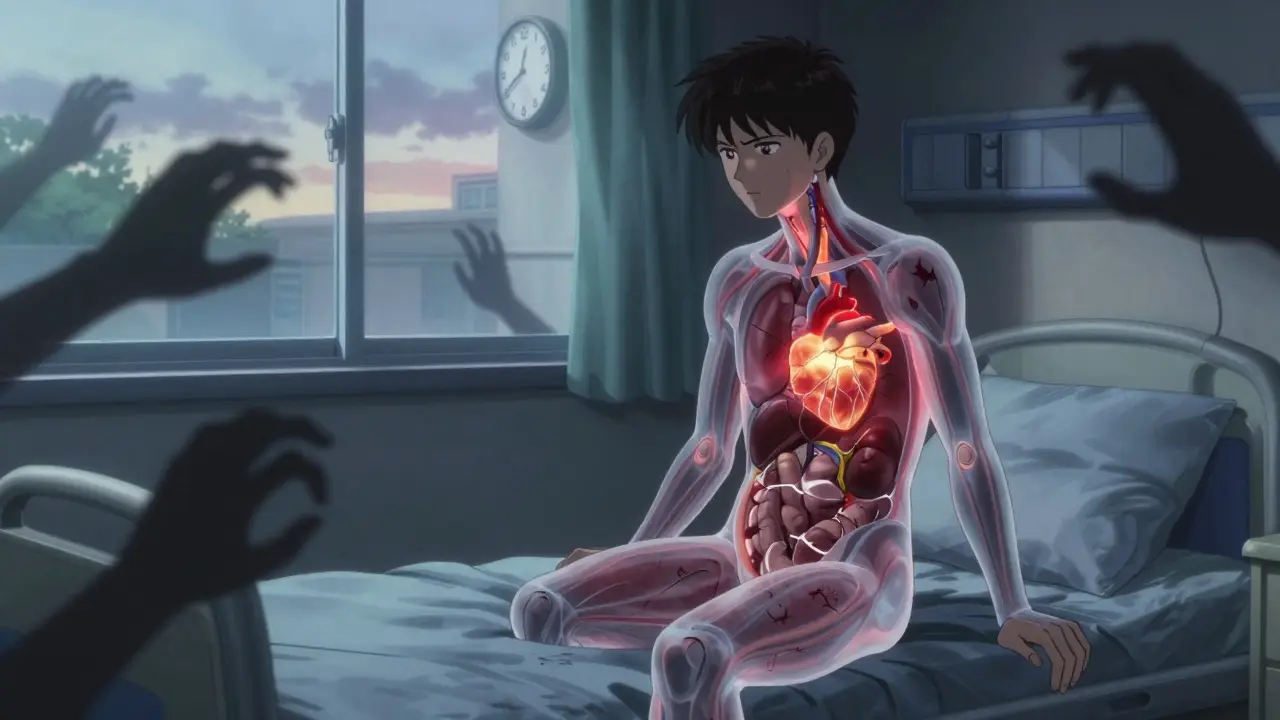 A survivor in a hospital room with glowing, damaged internal organs, under dim dawn light and shadowy clock hands.