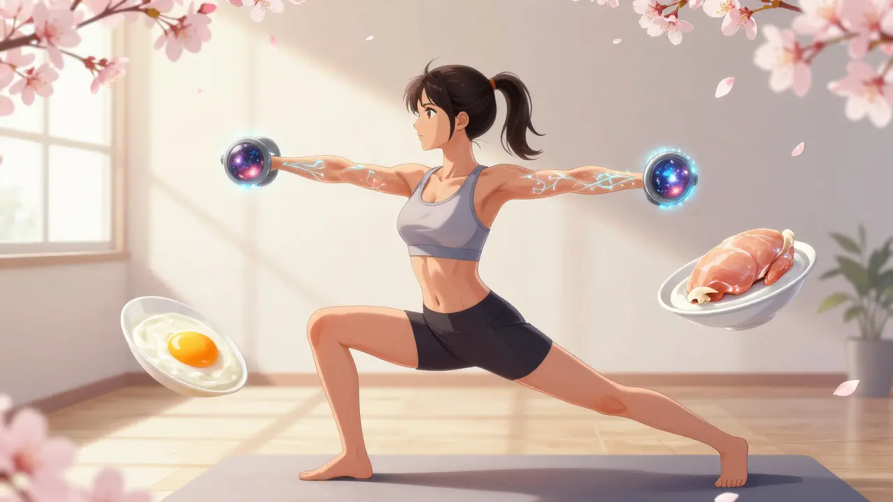 A woman lifts glowing weights as muscle fibers shimmer and protein foods float around her.