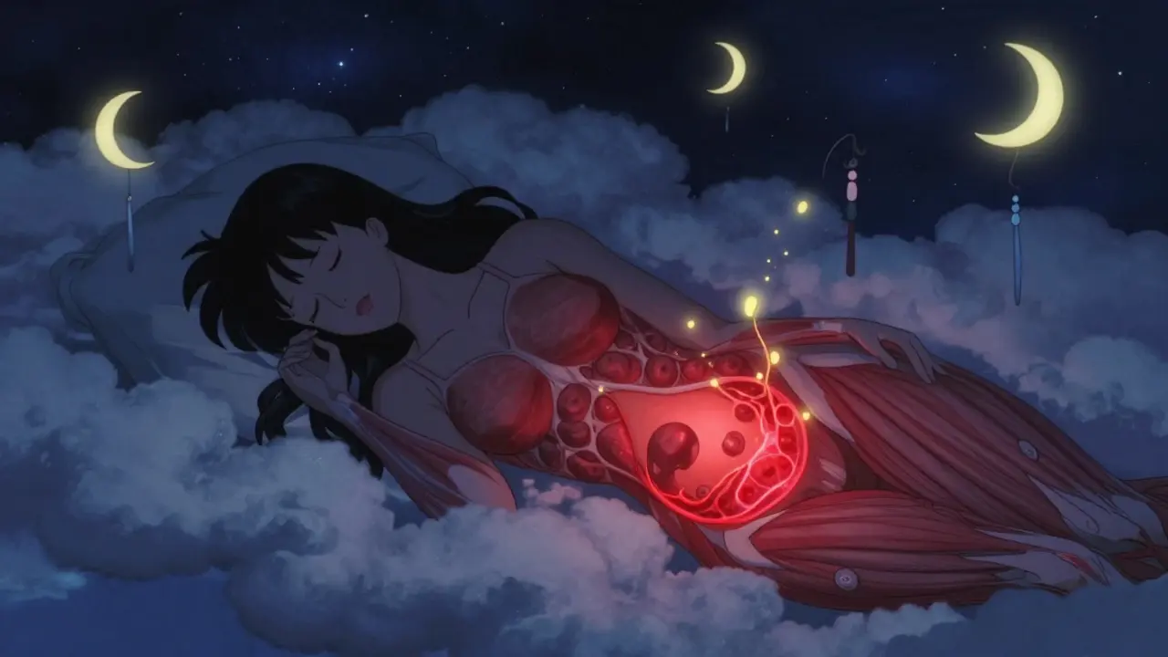 A woman sleeps peacefully as glowing cells rise from her body, symbolizing metabolic renewal.
