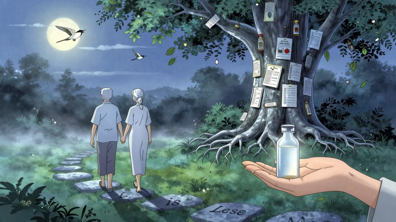 An elderly couple walking through a garden as pill bottle roots shed leaves that turn into birds, with a single vial in hand.