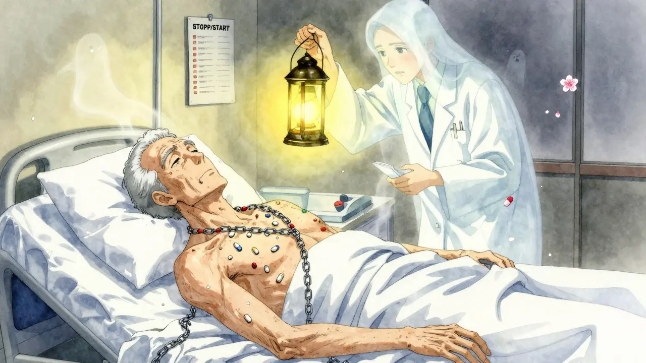 An elderly man in bed with floating pills above him, a spectral pharmacist holding a lantern marked 'STOPP/START'.
