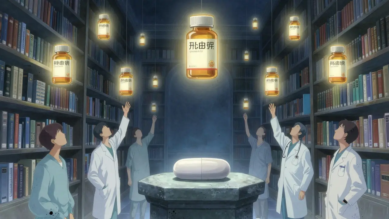 Floating branded drug bottles glow above a single quiet generic pill, as translucent figures reach upward in a dreamlike library.