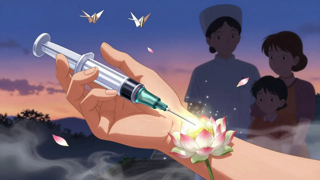 Hand injecting medicine through a blooming lotus, nurse and family watching, petals and cranes rising in twilight.
