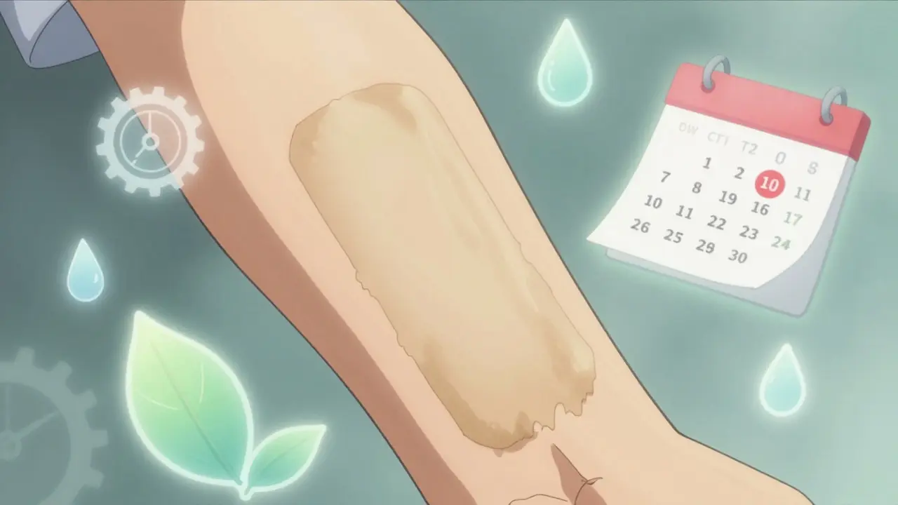 Patch on forearm with floating time and healing symbols, calendar page marking the day for change.