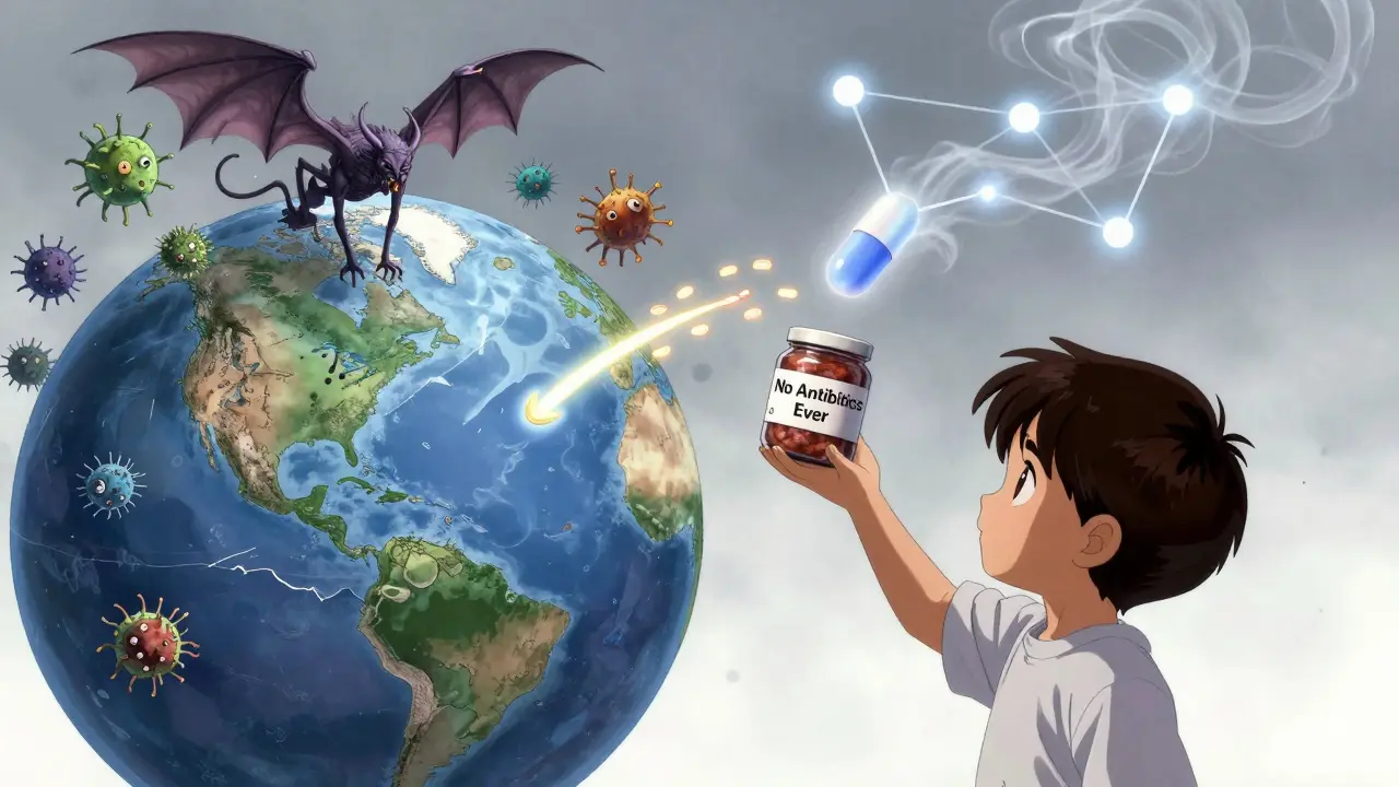 A child reaches for antibiotic-free meat as demonic bacteria spread across a fractured globe in a cosmic scene.