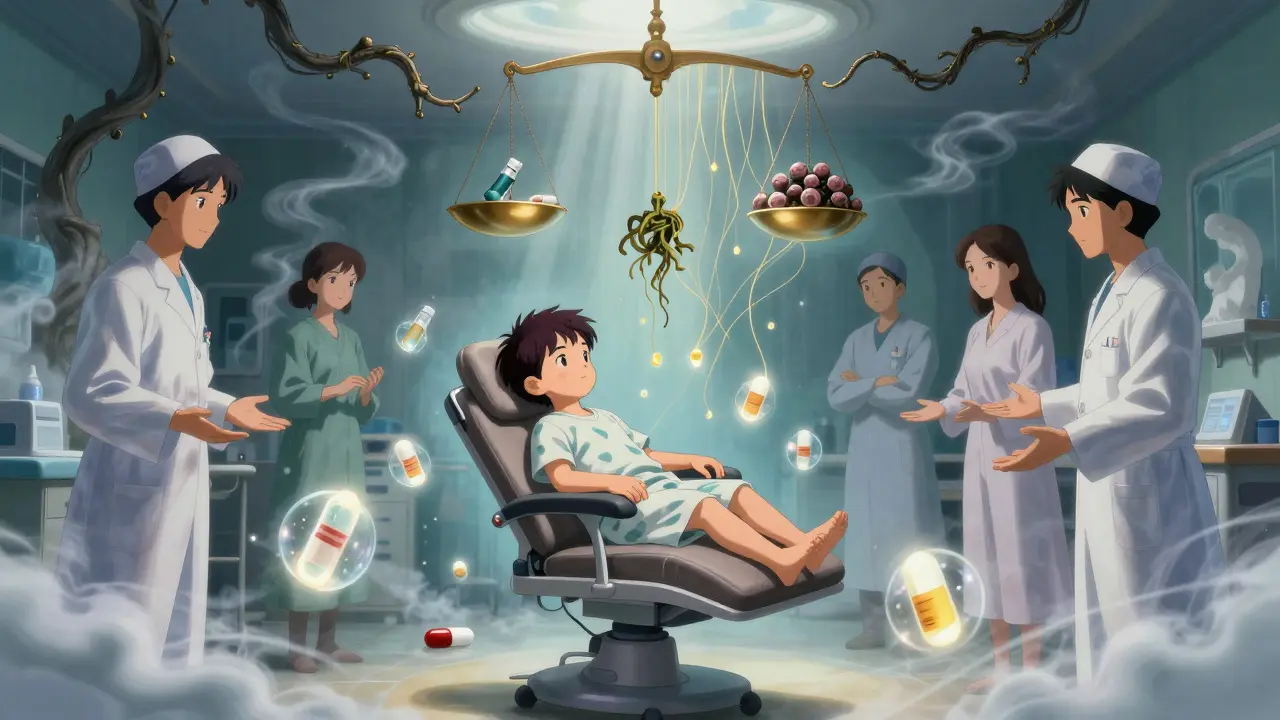 A child surrounded by floating drug doses as golden threads dissolve asthma-related polyps.