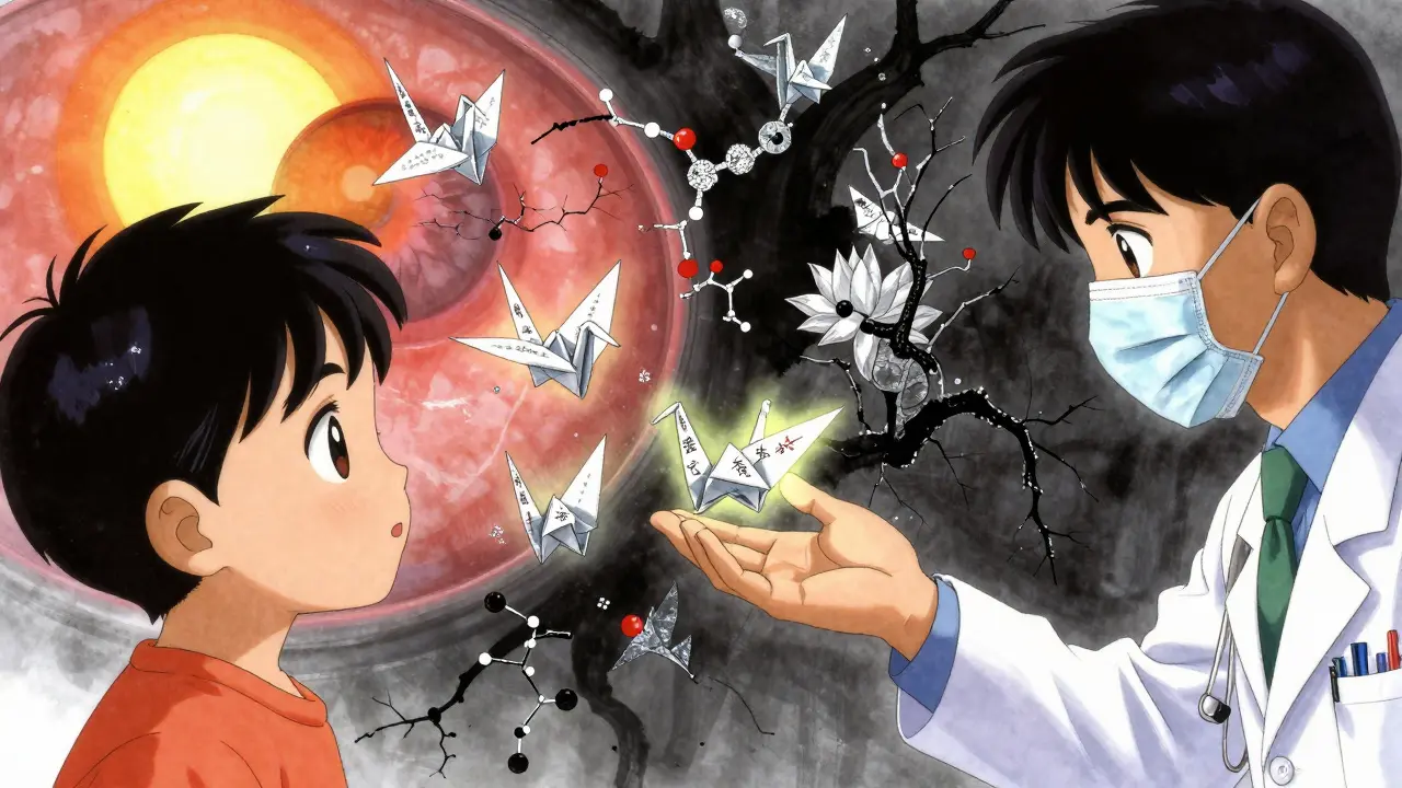 A doctor's hand releasing glowing paper cranes that transform into medical symbols, healing a damaged retina under a rising sun.