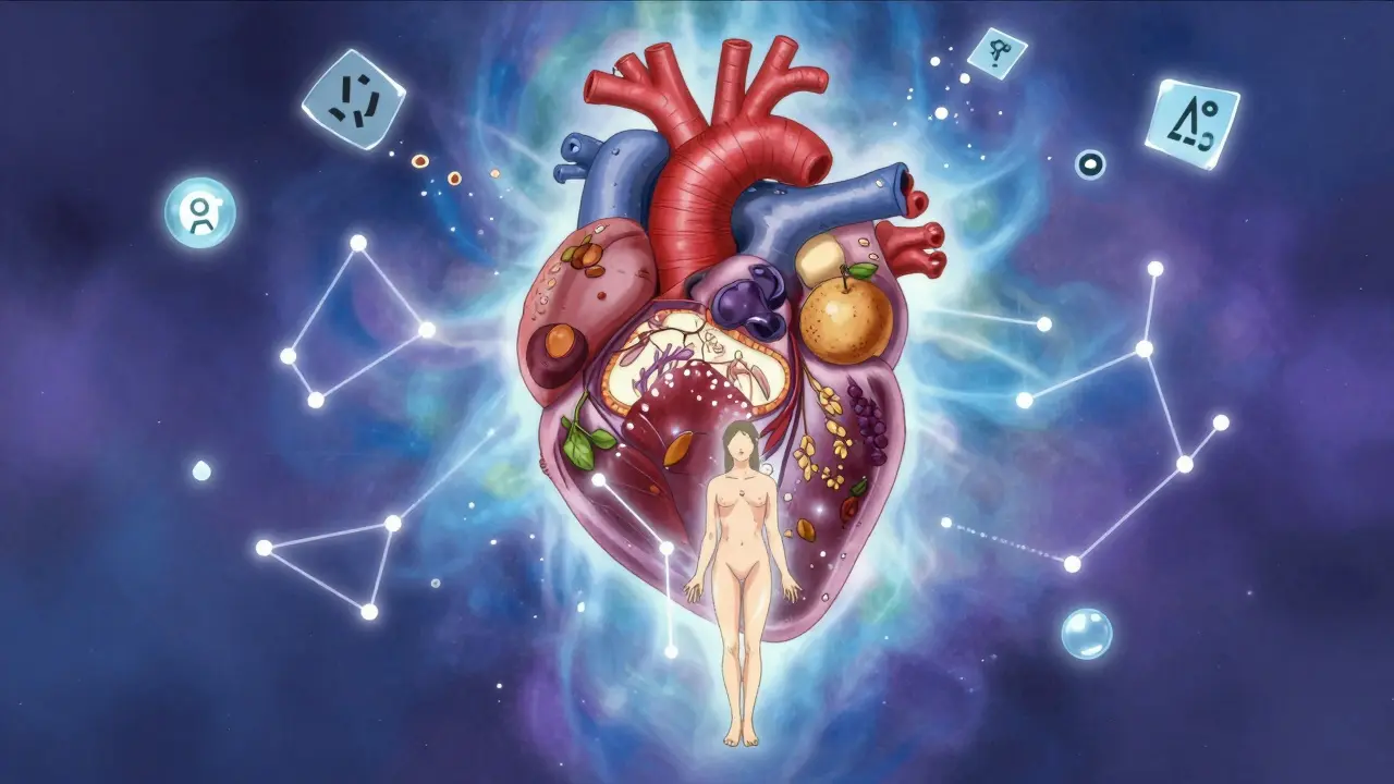 A human figure beneath a heart-shaped constellation made of fruits and grains, with shattered sodium symbols in the background.