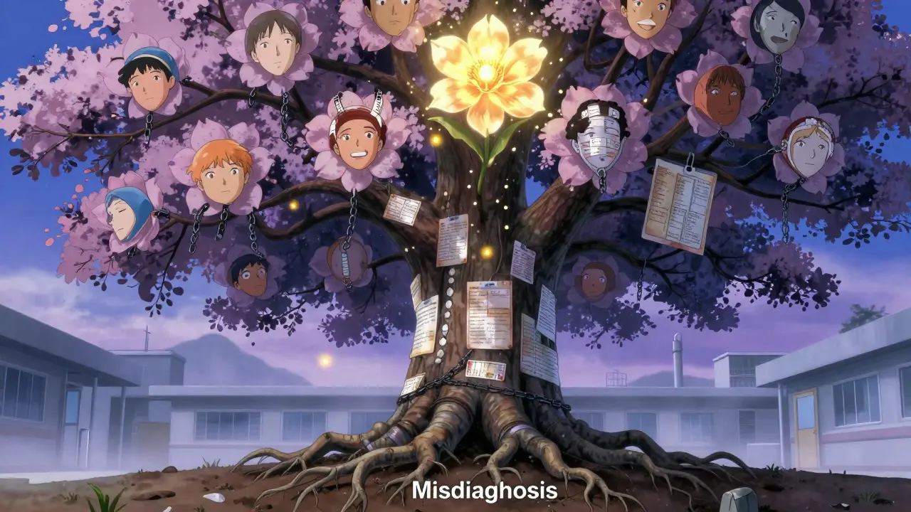 A massive tree with medical charts as bark, blooming with cured patients under a hopeful sky.