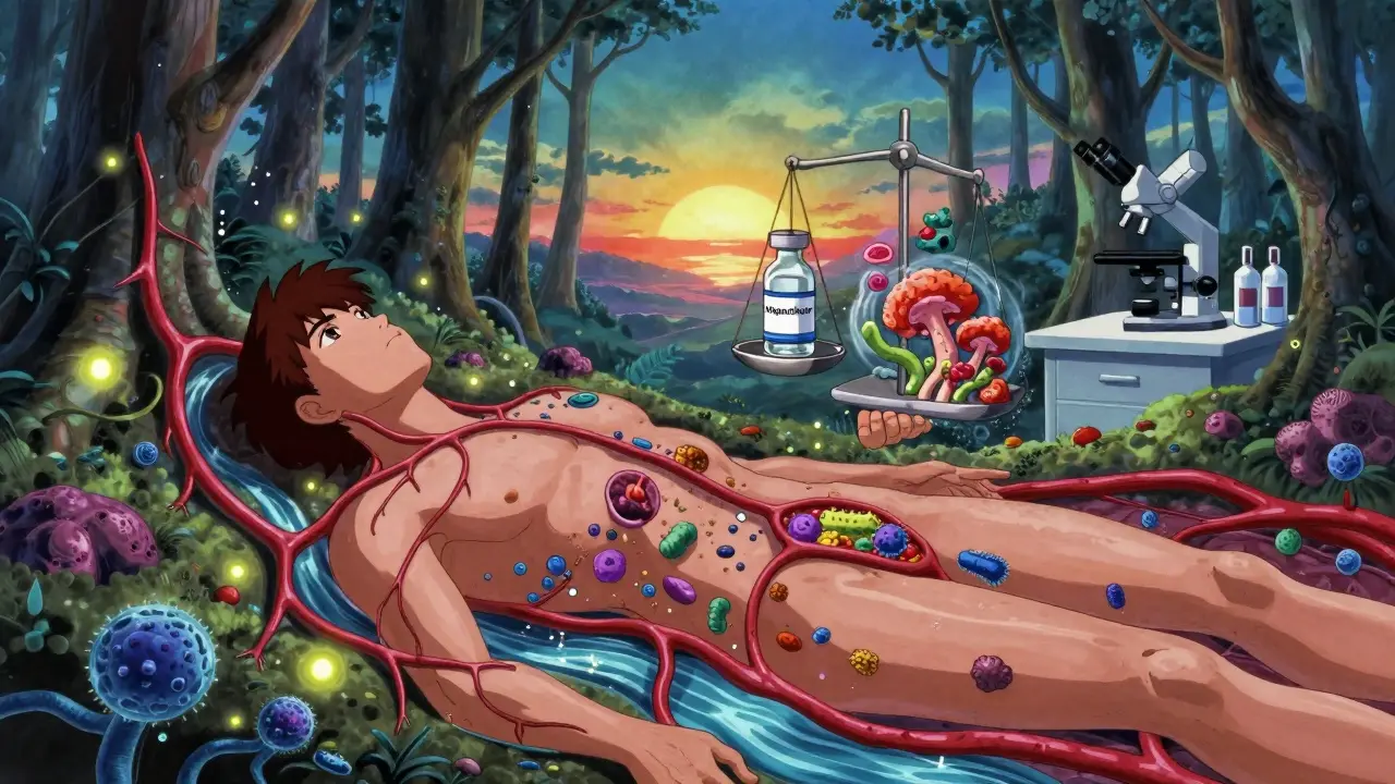 A mystical internal landscape of the body with glowing T-cells and prophylactic vials balancing against dangerous pathogens.