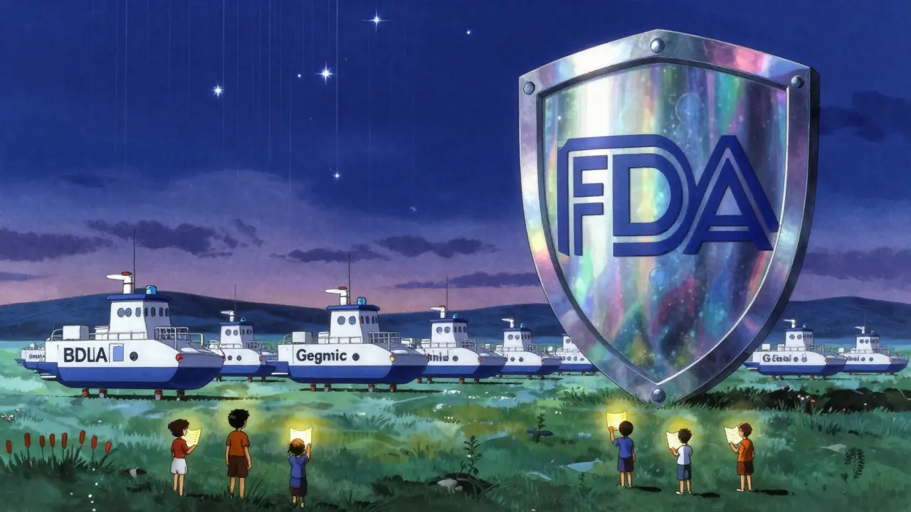 A patent expires as stars fade while a six-month shield blocks generic ships, watched by children holding study lanterns.