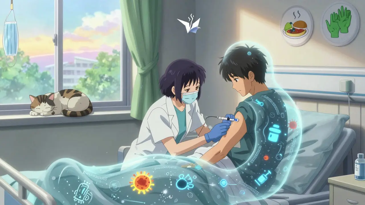 A patient receiving a flu shot surrounded by floating vaccine symbols and safe food icons in a peaceful hospital room.