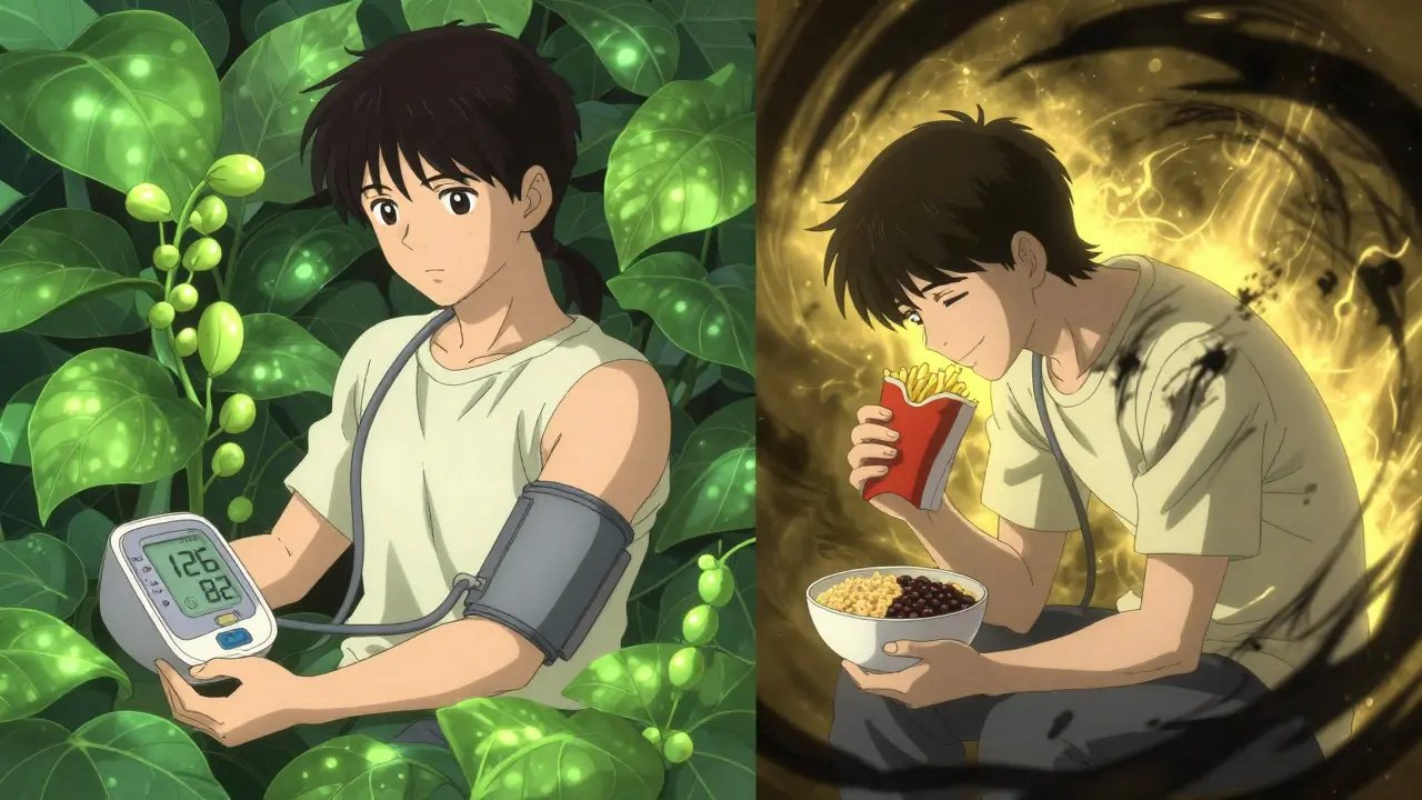 A person smiling as their blood pressure improves, surrounded by healthy foods, while dark shadows of unhealthy eating fade away.